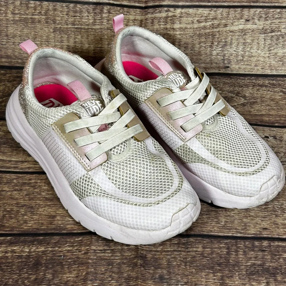 Hey Dude Sirocco Play Kids‎ Sneakers Pink White Glitter Rose Gold Size J5